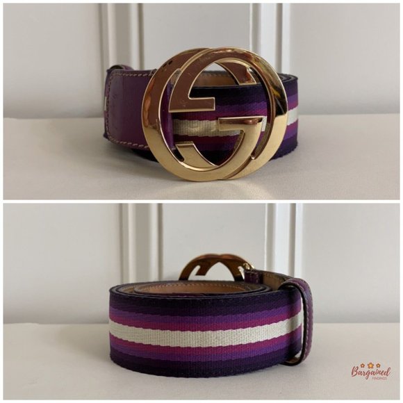 Authentic Gucci Web Canvas Leather Gold Interlocking G Buckle Belt 85/34 114876 - Picture 3 of 13